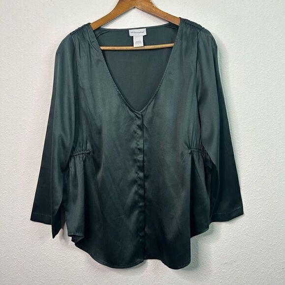 Soft Surroundings Women’s Green Satin V Neck Hidden Button Ruched Top Size L - Picture 1 of 13